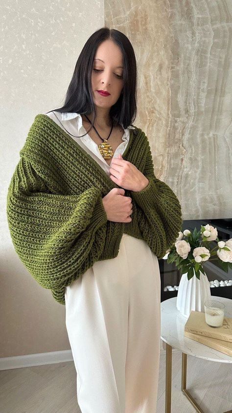 Buy Balloon Sleeve Cardigan Hand Knit Chunky Cardigan for Women Oversized Wool Cardigan Online in India - Etsy Hand Knit Cardigan, Cardigan Handmade, Balloon Sleeve Cardigan, Olive Green Cardigan, Alpaca Cardigan, Cardigan For Women, Cardigan Oversized, Oversized Knit Cardigan, Chunky Cardigan