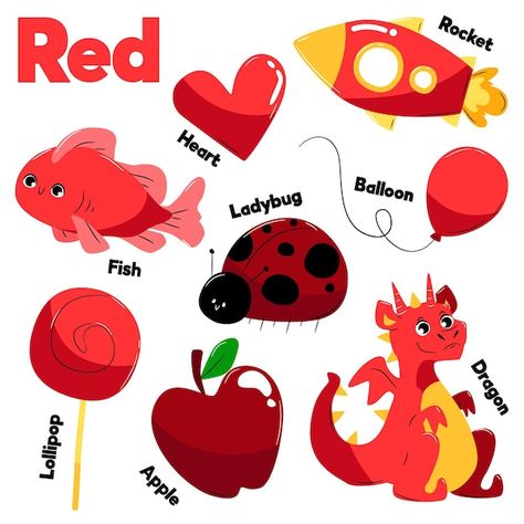 Red Colour Objects For Preschool, Red Colour Drawing, Red Colour Day Celebration Preschool, Color Red Activities, Red Objects, Colors Activities, Apple Template, Yellow Words, Learning Art