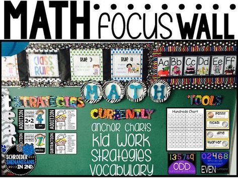 A simple way, yet functional way to organize and display your math focus wall in your classroom  by strategies, what you're currently teaching which is where you can add anchor charts and vocabulary from the week, and a section for you to hang tools that 2nd Grade Anchor Charts, Math Focus Walls, Focus Walls, Math Wall, Math Anchor Charts, Focus Wall, Math Education, Math Journals, Math Notebooks