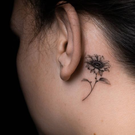 Sunflower Clavicle Tattoo, Sunflower Tattoo Ear, Sunflower Tattoo Behind The Ear, Behind The Ear Sunflower Tattoo, Sunflower Tattoo Neck, Sunflower Ear Tattoo, Sunflower Face Tattoo, Sunflower Behind Ear Tattoo, Sunflower Finger Tattoo