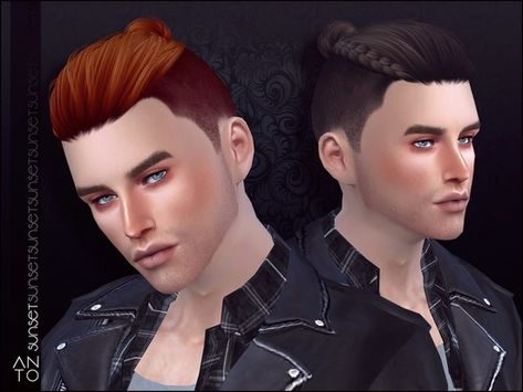 Bun hair with braided side Found in TSR Category 'Sims 4 Male Hairstyles' Sims 4 Anto Hair Male, Sims 4 Manbun, Sims Hairstyles, Ria Core, Mods Ts4, Ts4 Hair, Sims 4 Hair Male, Guy Hair, Sunset Hair