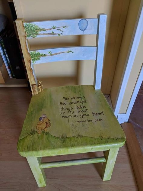 Winnie the Pooh chair for a friend. Painted Kids Chairs, Lamp Pattern, Chair Painting, Hand Painted Chairs, Painted Chair, Decoupage Furniture, Garden Spring, Painted Chairs, Decoration Originale