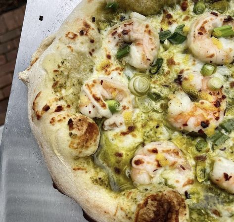 Shrimp Pesto Pizza Shrimp Pesto Pizza, Prawn Pizza, Woodfire Oven, Pizza With Pesto, Shrimp Pizza, Pesto Shrimp, Pita Pizzas, Naan Pizza, Walnut Pesto