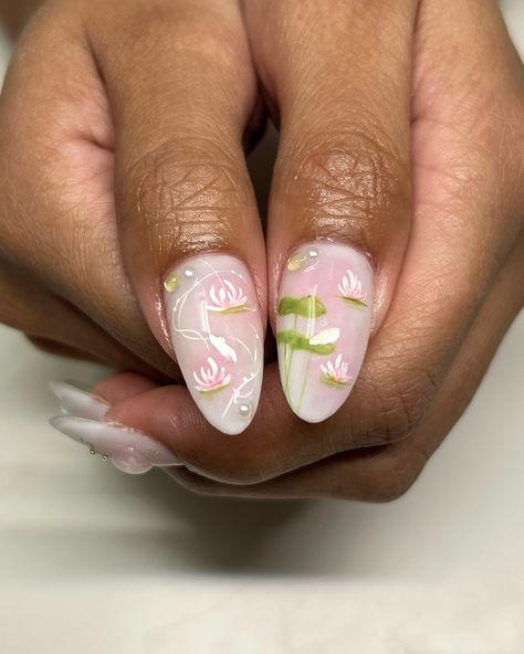 Sakura green tea 🍵 she’s off to Japan! ✧ : *✧ ib @oaklestudio :* ✧ *✧: #gelnails #nailinspo #nailinspiration #nailart #naildesigns #nailartinspo #nailsoftheday #gelx #gelxnails #apresgelx #handpaintednails Water Lily Nails, Japan Nails Design Tokyo, Japan Inspired Nails, Bamboo Nails, Tokyo Nails, Sakura Nails, Japan Nail Art, Japan Nails, Lily Nails