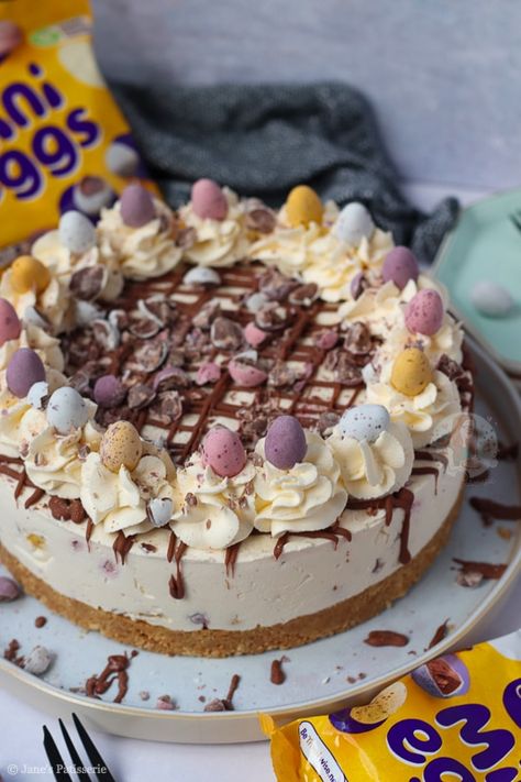 Mini Easter Desserts, Mini Egg Cheesecake, Mini Egg Recipes, Mini Eggs Cake, Easter Deserts, Cadbury Mini Eggs, Easter Cheesecake, Janes Patisserie, Chocolate Egg