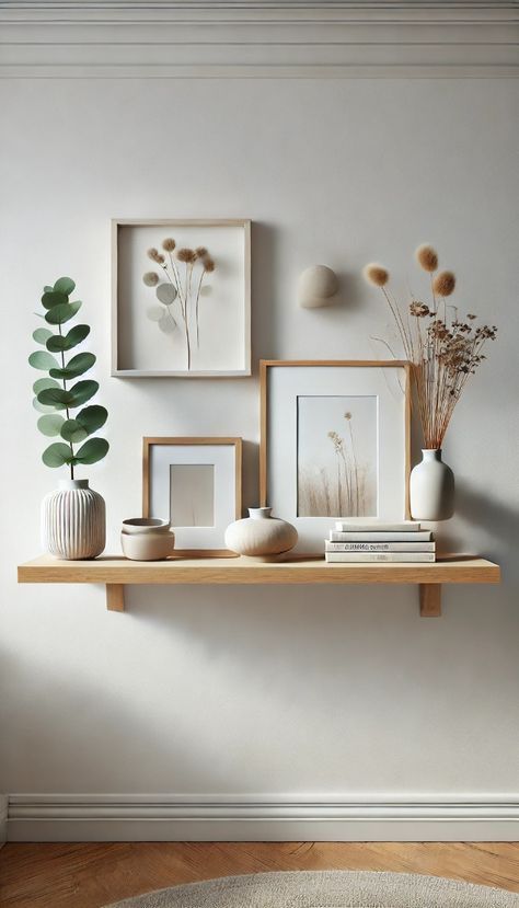 Narrow Floating Shelf, Wall Ledge Decor Ideas, Floating Shelf Decor Ideas, Potted Eucalyptus Plant, Shelf Above Couch, Entryway Floating Shelves, Floating Shelf Ideas, Colored Books, Shelf Decor Ideas