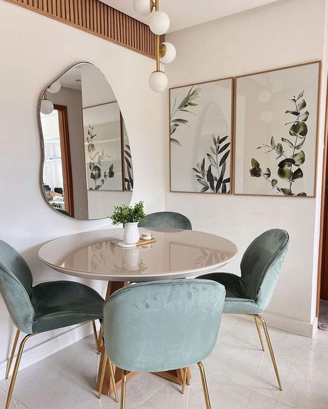 Modern Dining Area, Irregular Mirror, Framed Botanical Prints, Apartment Dining Room, Green Minimalist, Apartment Dining, Minimalist Dining Room, Apartment Living Room Design, Gold Fixtures