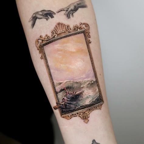 Monet Tattoo, Tattoo Frame, Scenery Tattoo, Frame Tattoo, 7 Seas, Framed Tattoo, Full Body Tattoo, Painting Tattoo, Seven Seas