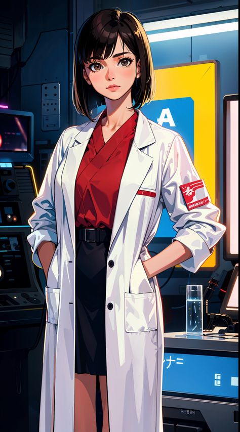 Scientist Character Female, Cyberpunk Doctor Character Design, Office Character Design, Female Doctor Art, Female Scientist Character Design, Mad Scientist Oc, Scientist Oc Art, Doctor Character Design, Scientist Character Design