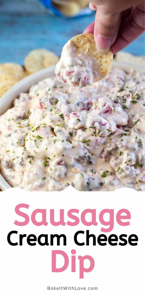 Sausage cream cheese dip is a flavorful and easy-to-make appetizer dip that will be the talk of your next party or game day get-together! This 3-ingredient dip combines hearty pork sausage, cream cheese, and RoTel diced tomatoes with green chiles. Serve with chips or veggie sticks and you have yourself a delicious party appetizer to share with a crowd! BakeItWithLove.com #bakeitwithlove #sausage #creamcheese #dip #appetizer #RoTel #partyfood #easyappetizer Sausage Cream Cheese Dip, Sausage Dip Recipe, Bread Bowl Dip, Sausage Cheese Dip, Sausage Cream Cheese, Yummy Appetizers Parties, Veggie Sticks, Cream Cheese Recipes Dip, Cream Cheese Appetizer