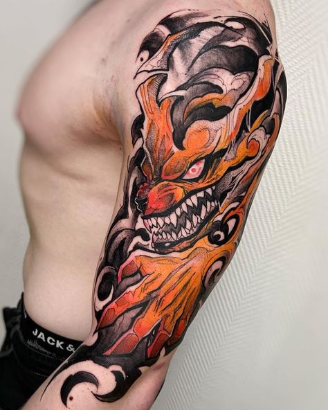 Naruto Fox Tattoo, Esdeath Tattoo, Kurama Naruto Tattoo, Kurama Tattoo Design, Naruto Kurama Tattoo, Akatsuki Tattoo, Kurama Tattoo, Tato Naruto, Naruto Tattoos