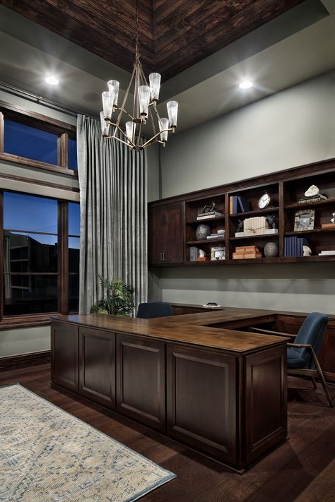 This custom His & Her Desk desk solution was all about high function for this power couple. We brought warmth and softness to the work space with a wood plank ceiling, tall velvet drapes, a warm rug and perfectly accessorised built-in shelves. Home Office For Two People With Storage, 2 Person Office Desk, 2 Person Built In Desk, 3 Person Desk Work Stations, Double Office Ideas Layout Home, Office With 2 Desks Ideas, Two Person Office Layout Home, Home Office Two Desks Layout, Couples Office Space Home