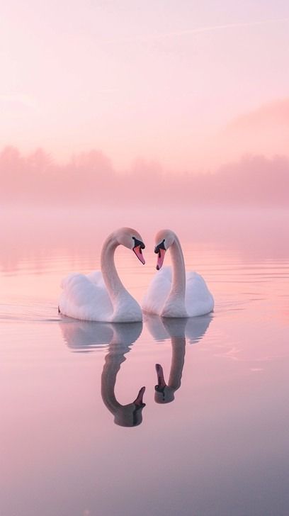 As the first light of dawn paints the sky in hues of pink and purple, a serene lake mirrors the awakening sky with perfect clarity. Two graceful swans glide across the calm waters, their curved necks forming a heart-shaped silhouette that epitomizes the beauty of nature's love. The peaceful environment, the gentle ripples in the water, and the swans' quiet companionship create an enchanting scene that inspires tranquility and romanticism in the observer's heart. Swans Aesthetic, Swans In Love, Swan Heart, Love Swans, Dawn Images, Swan Float, Swan Ballet, Two Swans, Pink Swan