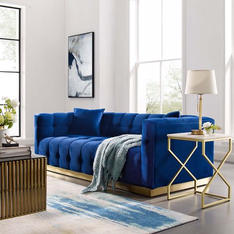 Blue Sofa Living, Blue Sofas Living Room, Velvet Sofa Living Room, Blue Sofas, Small Sectional Sofa, Chic Sofa, Blue Living Room Decor, Blue Velvet Sofa, Blue Couches