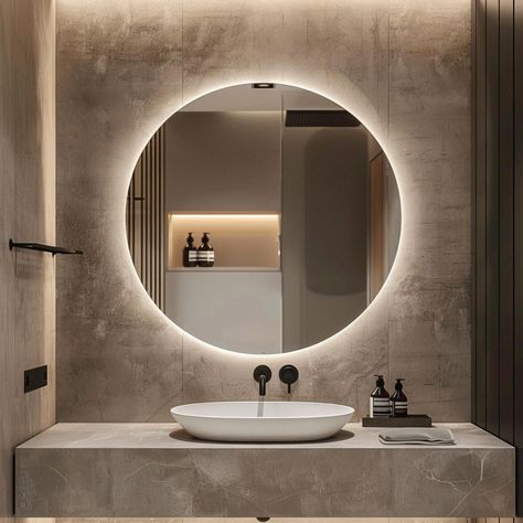 En Suite Mirror, Round Backlit Vanity Mirror, Modern Mirror Bathroom, Big Round Mirror Bathroom, Bathroom Sink Lighting Ideas, Lighted Mirror Bathroom, Bathroom Light Mirror, Light Up Mirror Bathroom, Circular Mirror Bathroom