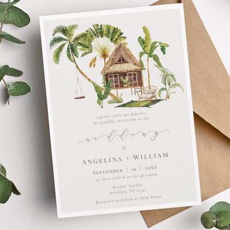 Watercolor Tropical Palm Tree Wedding Invitation Tropical Jungle Wedding, Palm Tree Invitation, Tiki Wedding, Palm Tree Wedding Invitations, Palm Tree Wedding, Jungle Wedding, Tree Wedding Invitations, Key West Wedding, Hawaii Destination Wedding