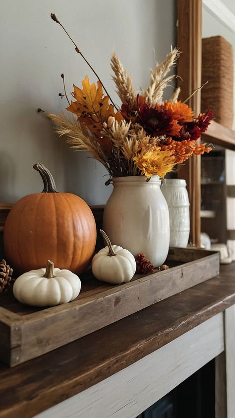 Discover how to create a cozy neutral fall decor in a home farmhouse setting Explore DIY tips and tricks for styling your front porch living room bedroom mantle kitchen and fireplace Get inspired for your home in 2022 and beyond Tree With White Ornaments, White And Silver Decorations, Indoor Fall Decor Ideas, Bedroom Mantle, Neutral Fall Decor Ideas, Indoor Fall Decor, Silver Decorations, White Fairy Lights, Fall Mantle