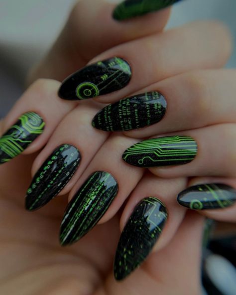 Matrix Nail Art, Miku Nails, Matrix Nails, Cybercore Nails, Finger Biting, Graffiti Nails, Birmingham City University, Creative Nail Art, Small Nails