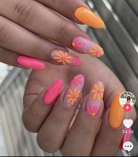 Pink And Orange Nails, Orange Nail Art, Unghie Nail Art, Spring Acrylic Nails, Daisy Nails, Summery Nails, Cute Summer Nails, Neon Nails, Orange Nails