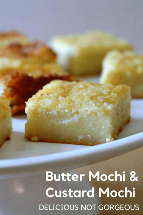 Meet butter mochi and custard mochi. Mochi is a dense, chewy Japanese dessert, but with the addition of butter and milk, it becomes its crispy topped Hawaiian cousin. #buttermochi #custardmochi #mochi #hawaiian #dessert Mochiko Recipes Desserts, Pyrex Recipes, Lilikoi Mochi Recipe, Custard Mochi Recipe, Mochiko Recipes, Honey Toast Recipe, Custard Mochi, Hawaiian Butter Mochi, Manju Recipe