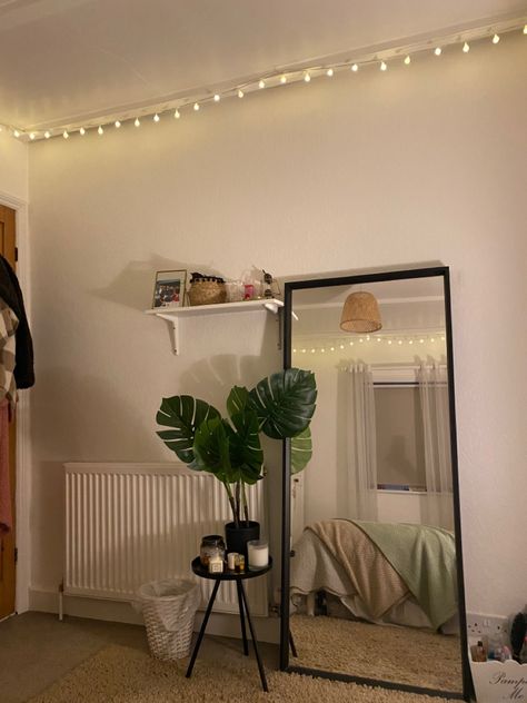 Bedroom Mirror Ikea, Ikea Mirror Aesthetic, Plant By Mirror, Aesthetic Ikea Finds, Faux Plant Mirror, Black And White Bedroom Ideas With Plants, Room Inspo Black Furniture, Imea Mirror, Ikea Fake Plants Decor