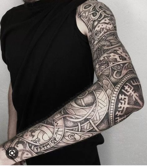 Viking Sleeve, Nordic Tattoos, Viking Tattoos For Men, Traditional Viking Tattoos, Celtic Sleeve Tattoos, Norse Tattoos, Tato Maori, Norse Mythology Tattoo, Scandinavian Tattoo