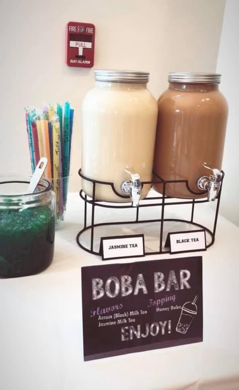 Boba Tea Station Party, Boba Bar Station Party, Boba Stand Ideas, Boba Party Favors, Boba Tea Baby Shower Theme, Diy Boba Bar, Boba Bar Station Diy, Boba Station Party, Boba Tea Birthday Party Ideas