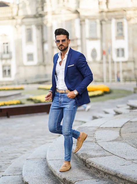 Valentines Day For Men, Blazer Outfits Men, Mens Business Casual Outfits, Mens Fashion Blazer, Navy Blue Blazer, Outfit Jeans, Smart Casual Outfit, Thrift Fashion, Business Casual Men