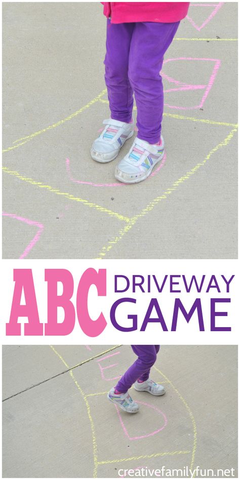 Grab your sidewalk chalk, go outside, and have some fun learning your ABCs with this fun outdoor alphabet game you can play on your driveway. Preschool Outdoor Activities, Chalk Activities, Outdoor Learning Activities, Shape Activities, Paper Shapes, Outdoor Fun For Kids, Simple Activities, Abc Games, Nature School