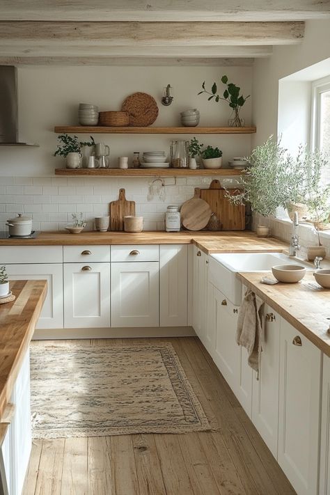 Aesthetic Kitchen Cupboard, Ibiza Style Kitchen, Kitchen Cozy Aesthetic, Simple Cozy Kitchen, Home Renovation Aesthetic, White Farm Kitchen, Cosy Kitchen Ideas, Small Kitchen Aesthetic, Cute Modern Kitchen