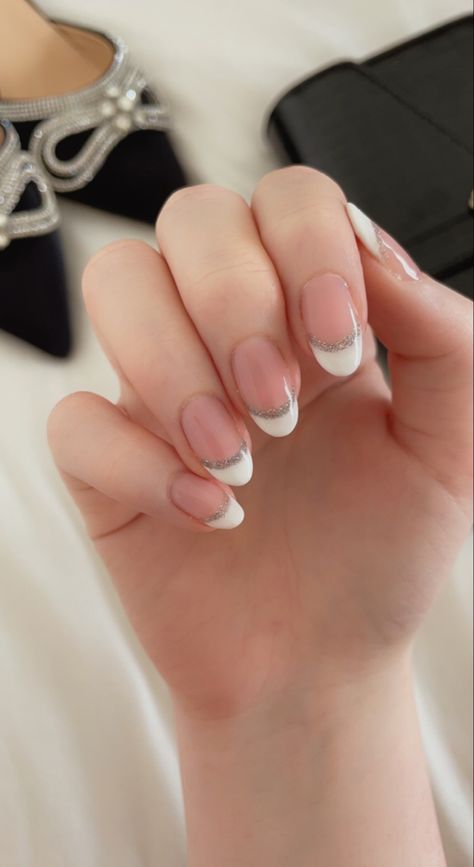 French Nail With Sparkle, Bridal Gel Nails Wedding French Tips, French Tip White And Silver, French Tip With Silver Accent, French With Silver Nails, Cute French Nails Ideas With Glitter, White French Tip Silver Glitter, French Nails Sparkle Tips, White And Sparkle French Tip