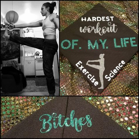 My niece's graduation hat request. She's graduating in Exercise Science and loves yoga. The sillouette on the hat is her! She wanted the word "bitches" but I hid it on the underneath side. Made on a Cricut with Siser Easy Weed HTV. Exercise Science Graduation Pictures, Exercise Science Graduation Cap, Kinesiology Graduation Cap, December Graduation, Science Graduation Cap, Graduation Cap Designs College, Graduation Aesthetic, Grad Hats, Grad Picture Ideas