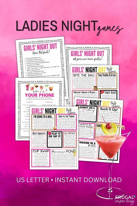 Liven up your ladies night with these 17 Fun Girls' Night Games. Bring laughter, friendly competition & great memories with hilarious party games for the ladies. These fun ladies' night games serve as the perfect icebreakers, encouraging guests to mingle, bond, share jokes, and engage in light-hearted competition. Download these girls' night games printable today including what's in your phone, name that movie quote and more. #FrugalCouponLiving Ladies Night Party Favors, Adult Pj Party Ideas, Hilarious Party Games, Ladies Night Games, Work Party Games, Party Games Group, Adult Birthday Party Games, Girls Night Games, Easy Party Games