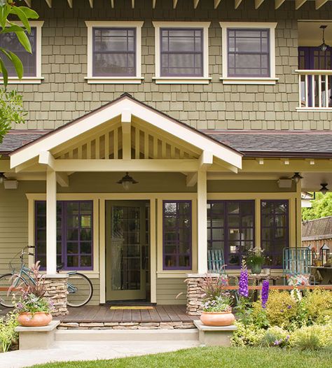 Olive green, cream, and an unexpected hue -- purple -- combine to make a charming, one-of-a-kind color palette that's right at home with the front-yard garden and landscaping: http://www.bhg.com/home-improvement/exteriors/curb-appeal/craftsman-style-home-ideas/?socsrc=bhgpin032314simpleporchmakeover&page=11 Craftsman Front Doors, Porch Columns, Craftsman Bungalow, Craftsman Exterior, Craftsman Style Home, Craftsman Style Homes, Exterior Paint Colors For House, Bungalow Design, Casa Exterior