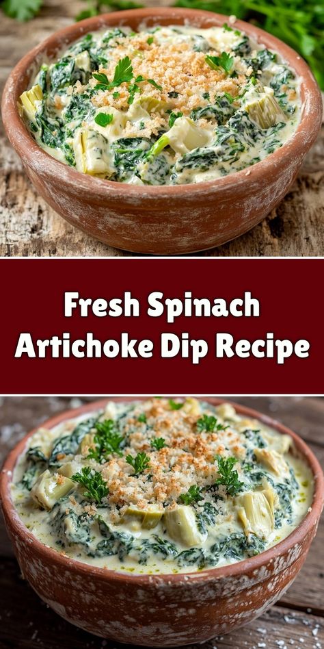 Dive into this deliciously creamy Fresh Spinach Artichoke Dip! Perfect for gatherings or as a tasty snack, this recipe combines fresh spinach, tangy artichokes, and a cheesy blend that will have everyone coming back for more. Enjoy it warm with chips or fresh bread, and watch it disappear in no time! Fresh Spinach Dip Recipe, Spinach Artichoke Dip With Fresh Spinach, Spinach Artichoke Dip Stovetop, Fresh Spinach Artichoke Dip, Homemade Spinach Artichoke Dip, Fresh Spinach Dip, Creamy Spinach Artichoke Dip, Fresh Spinach Recipes, Kale Dip