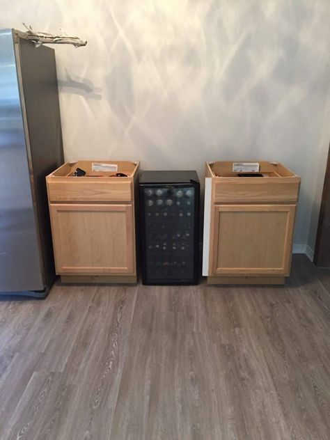 DIY Rustic Farmhouse Beverage Bar Diy Beverage Bar With Mini Fridge, Built In Beverage Fridge Cabinet, Basement Walk Up Bar Ideas, Diy Dry Bar With Mini Fridge Ikea, Dry Bar With Beverage Fridge, Coffee Bar With Wine Fridge, Fridge And Coffee Bar, Basement Dry Bar Ideas With Fridge, Wine Fridge Cabinet Diy