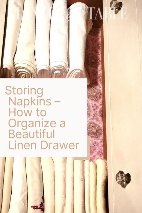 Tidy napkin drawer Table Linen Organization, How To Store Placemats And Napkins, Organizing Table Linens, Storing Cloth Napkins, Cloth Napkin Storage Ideas, How To Store Table Linens, Napkin Storage Ideas, Entertaining Closet, Linen Closet Storage Ideas