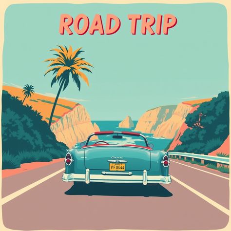 Retro Road Trip  #Retro #RoadTrip #VintagePoster #1950s #art #poster Road Trip Map Illustration, Road Trip Graphic Design, Roadtrip Illustration, Road Trip Poster, Road Trip Vibes, Retro Road Trip, Road 66, Road Trip Aesthetic, Road Trip Art