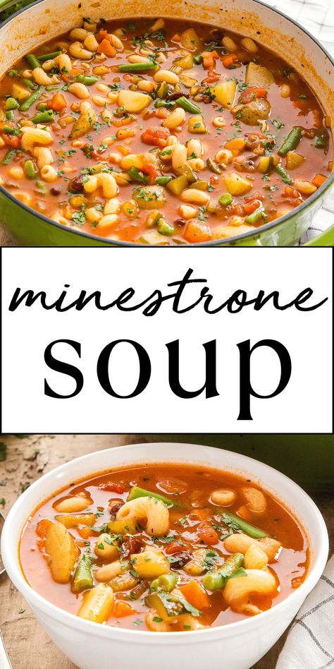 This Minestrone Soup recipe is an easy-to-make version of the classic Italian Minestrone - packed with vegetables, beans and pasta, it's a healthy and hearty meal that's on the table in 30 minutes! Recipe from thebusybaker.ca! #minestrone #minestronesoup #minestronesouprecipe #olivegarden #olivegardencopycat #easysoup #plantbased #healthysoup #healthymeal #30minutemeal #familymeal #weeknightmeal via @busybakerblog Ministroni Soup Recipe, Classic Minestrone Soup Recipe, Italian Minestrone Soup Recipe, Vegetarian Meatloaf, Summer Soup Recipes, Minestrone Soup Easy, Hearty Soup Recipes, Minestrone Soup Recipe, Homemade Soup Recipe