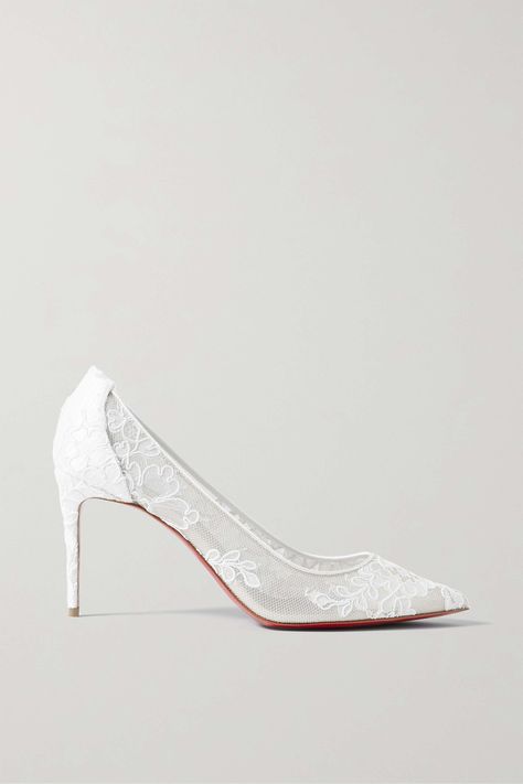 Christian Louboutin Bridal Shoes, Louboutin Wedding Heels, Christian Louboutin Shoes Pumps, Dramatic Gown, White Lace Heels, Classic Wedding Shoes, Louboutin Wedding Shoes, Bridal Pumps, Designer Wedding Shoes