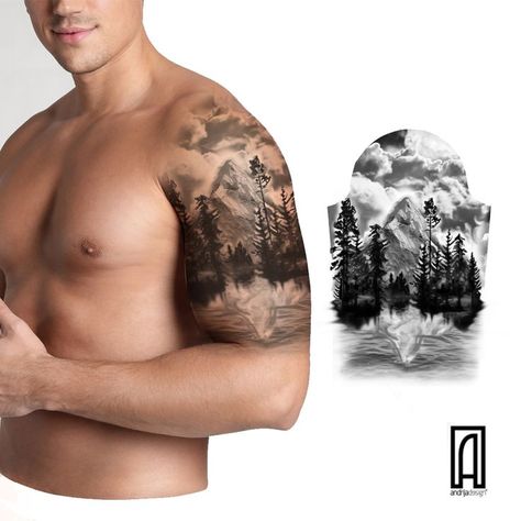 Half Sleeve Tattoo Design, Mountain Sleeve Tattoo, Nature Tattoo Ideas, Tricep Tattoos, Atlas Tattoo, Cool Nature, Basic Tattoos, Black Tattoo Cover Up, Native Tattoos