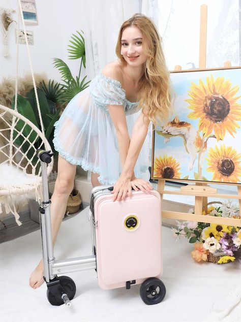 Airwheel Suitcase Suitcase In Airport, Coquette Suitcase, Pink Suitcase Aesthetic Airport, Airwheel Suitcase, Rose Gold Suitcase, Scooter Luggage, Kids Travel, Grunge Room, Coach Dinky Crossbody