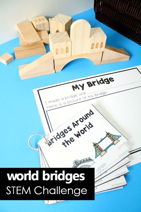 These Bridge Building STEM Activities invite kids to build their own version of world bridges using blocks, LEGO bricks, or any building material of choice. Use them in the preschool block center, maker space, or STEAM bins. Try a free printable sample. Building Stem Activities, Stem Challenge Cards, Block Center Preschool, Kindergarten Stem, Blocks Preschool, Preschool Stem, Block Center, Engineering Activities, Block Area