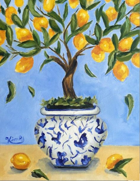 Lemon Painting, The Enchanted Home, White Pot, Enchanted Home, Fruit Painting, Botanical Painting, Lemon Tree, Mellow Yellow, Tree Art