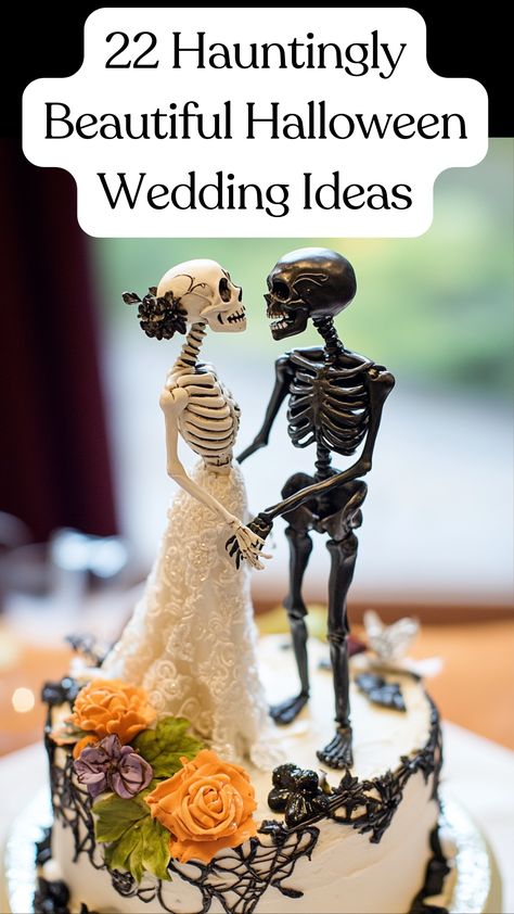 Skeleton wedding cake topper on a spooky Halloween-themed wedding cake. Halloween Wedding Inspiration, Gothic Cake Topper Wedding, Halloween Wedding On A Budget, Skeleton Cake Topper, Wedding Cakes Gothic, Spooky Elegant Wedding, Dark Wedding Cake Ideas, Gothic Vow Renewal, Halloween Theme Wedding Ideas