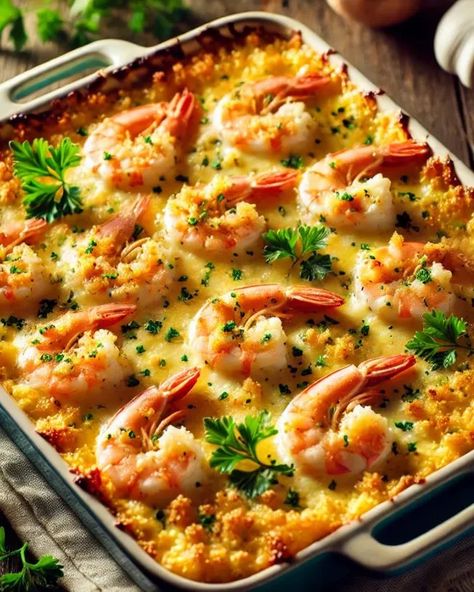 Creamy shrimp casserole in 30 minutes! Perfect for any night, this cheesy bake with a golden breadcrumb topping is sure to impress. Dump And Bake Shrimp And Rice Casserole, Shrimp Casserole Recipes Main Courses, Shrimp Christmas Dinner, Baked Shrimp Casserole, Shrimp Casserole Recipes Easy, Seafood Casserole Recipes Baked, Shrimp Recipes With Rice, Baked Seafood Casserole, Shrimp Over Rice