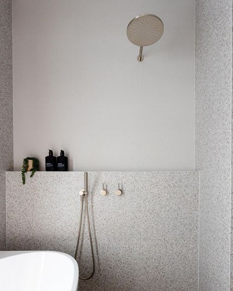 White Terrazzo Bathroom, Brushed Nickel Tapware, Nickel Tapware, Bathroom Terrazzo, Terrazzo Bathroom, Modern Terrazzo, Full Bathroom Remodel, Brushed Nickel Bathroom, Sophisticated Bathroom