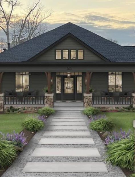 22 Dark Olive Green House Exterior Ideas for Curb Appeal Revamp Olive Green Farmhouse Exterior, Green And Stone House Exterior, Green House With Brick, Green Painted Brick House, Rustic Exterior House Color Ideas, Green And Brown House Exterior, Forest Green Exterior House Colors, Dark Green House Exterior White Trim, Green House White Trim