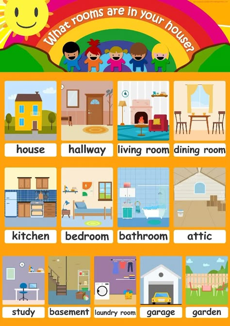 House Flashcards for kindergarten & homeschool Parts Of The House Flashcards, House Flashcards, Flashcards For Kindergarten, Free Kids Books, English Activities For Kids, Esl Vocabulary, Preschool Activities Toddler, Learning English For Kids, About School