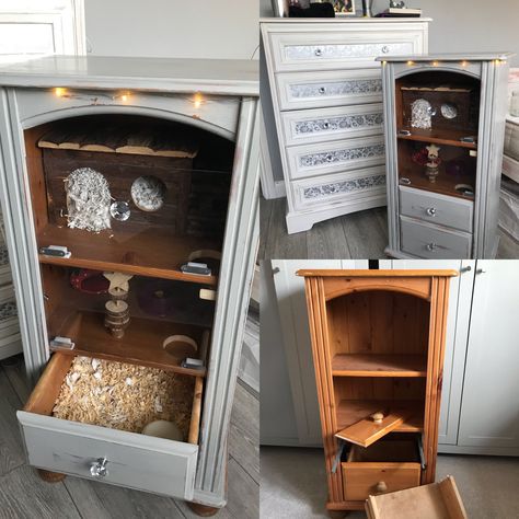 My first ever upcycle project. An old bathroom cabinet to a new Hamster cage. One happy daughter for Christmas Diy Hamster Cage From Dresser, Mouse Terrarium, Upcycled Bathroom Vanity, Hamster Diy Cage, Happy Daughter, Dresser In Living Room, Hamster Diy, Hamster Habitat, Rat Cage